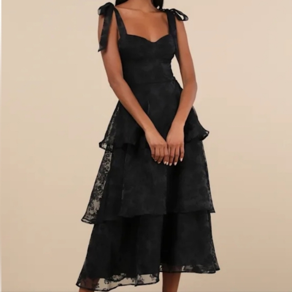 Lulu's Glamorous Sweetie Black Burnout Tie-Strap Bustier Midi Dress Size S